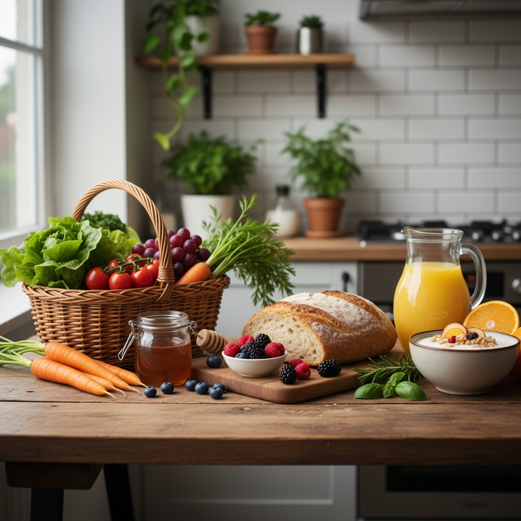 Свежи натурални продукти върху дървена маса