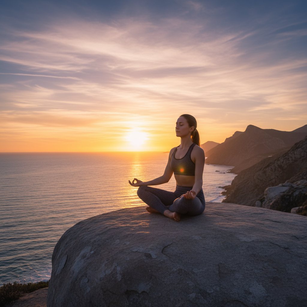 Човек практикуващ дихателни упражнения при залез
